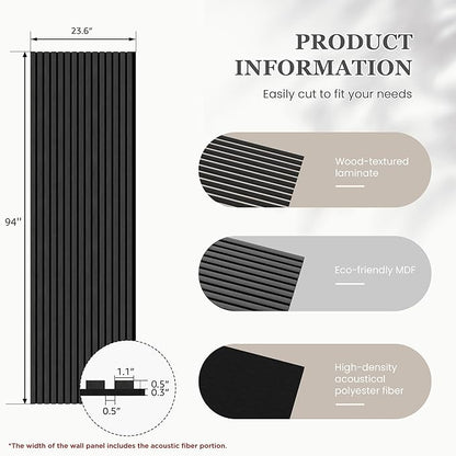 Wood Salt Acoustic Wall Panels, 2 Piece 94" x 23.6" x 0.8" Soundproof Wooden Wall Panels, 3D Fluted Sound Absorbing Panel, Matte Black