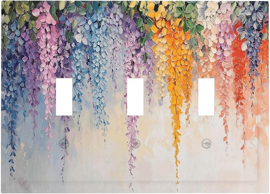 Colorful Wildflower Wisteria Cascade Floral Flower Decorative Switch Plates 3 Gang Wall Plate Triple Toggle Light Switch Cover Faceplate Electrical Wall Panels for Bedroom Living Room Decor