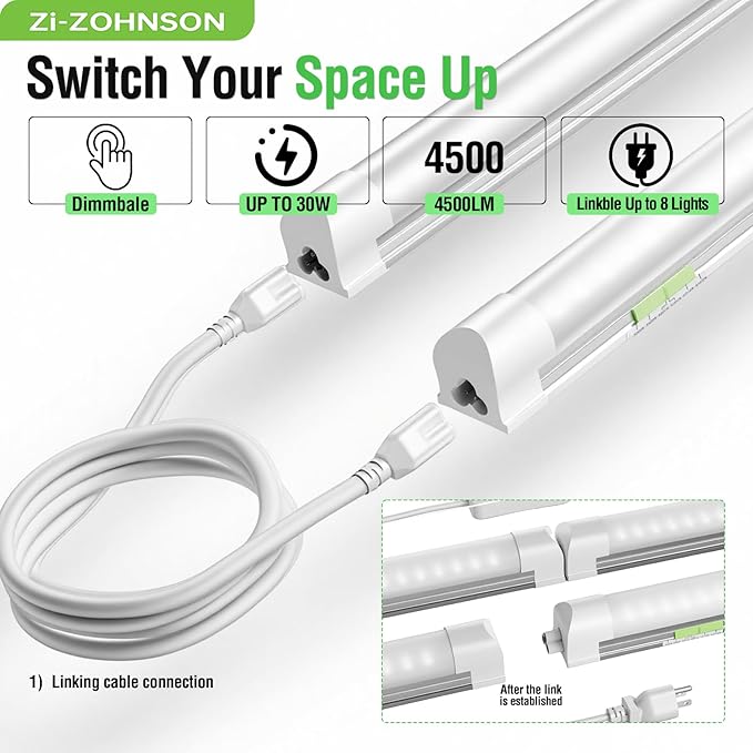6 Pack Dimmable 4FT Led Shop Lights,30W T8 Integrated LED Tube Light,3000-6500K Tunable,4500LM W Frosted Cover,High Output,Linkable,Plug and Play Lights for Workshop,Garage,Basement,Barn