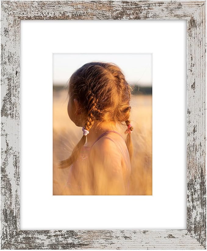 Golden State Art, 8x10 Picture Frame with Mat for 5x7 Photo - High Definition Glass Wall Mounting or Tabletop Display (Weathered White, 1 Pack)