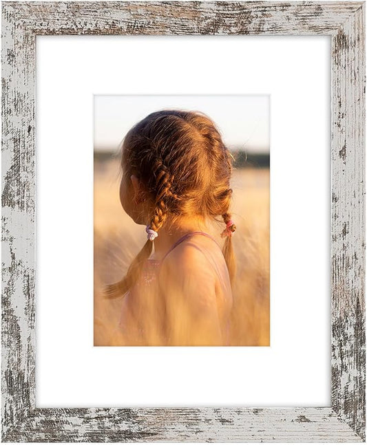 Golden State Art, 8x10 Picture Frame with Mat for 5x7 Photo - High Definition Glass Wall Mounting or Tabletop Display (Weathered White, 1 Pack)