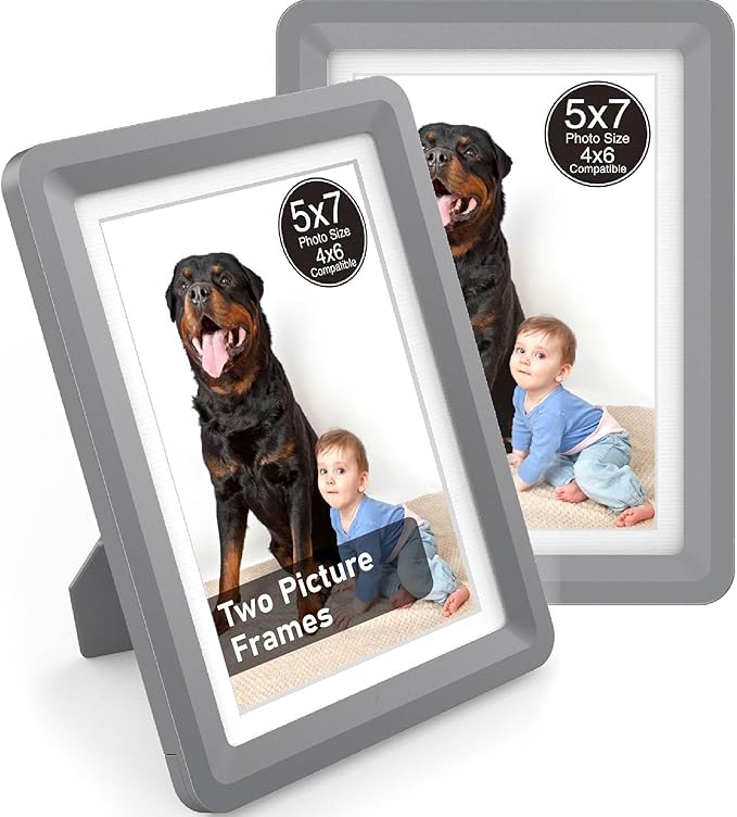 Dark Gray 5x7 Picture Frame with Acrylic Front 2 Pack, ABS Frame for 5x7 or 4x7 Photos, Shatterproof UV-Resistant Tabletop Photo Frame, Vertical/Horizontal Display for Home Décor