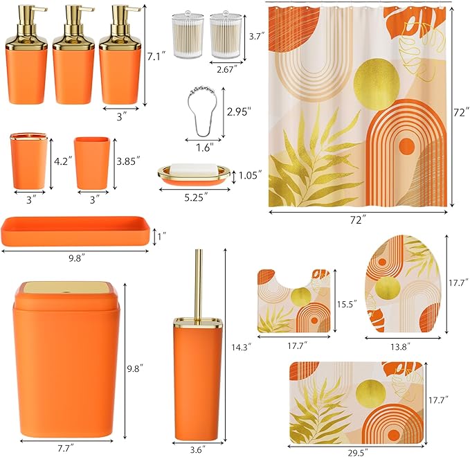 Bathroom Set - Bathroom Sets with Shower Curtain and Rugs, Bathroom Accessory Set, Orange Bathroom Accessories Set with Trash Can, Toilet Brush and Soap Dispensers