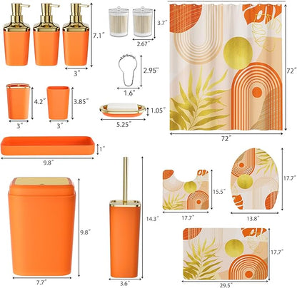 Bathroom Set - Bathroom Sets with Shower Curtain and Rugs, Bathroom Accessory Set, Orange Bathroom Accessories Set with Trash Can, Toilet Brush and Soap Dispensers