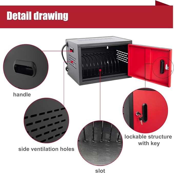 12 Bay Charging Cabinet for Laptop/Chromebook, Black Locking Charging Station with 12-Outlet Strip, Cable Clips, Grommet Holes & Wall-Mount 18.98" W×12.99" D×14.96" H for Office/Classroom