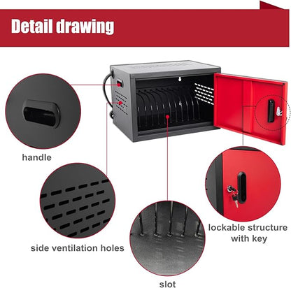 12 Bay Charging Cabinet for Laptop/Chromebook, Black Locking Charging Station with 12-Outlet Strip, Cable Clips, Grommet Holes & Wall-Mount 18.98" W×12.99" D×14.96" H for Office/Classroom
