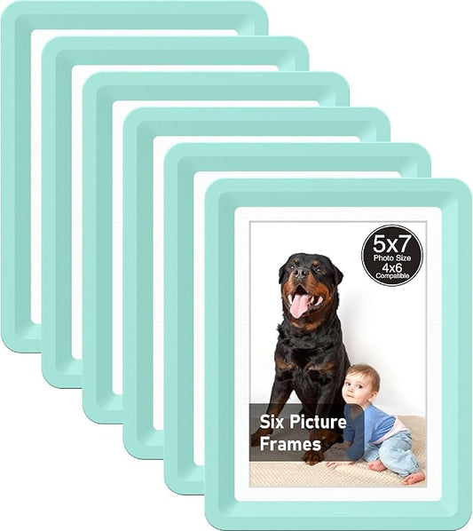 Green 5x7 Picture Frame with Acrylic Front 6 Pack, ABS Frame for 5x7 or 4x10 Photos, Shatterproof UV-Resistant Tabletop Photo Frame, Vertical/Horizontal Display for Home Décor