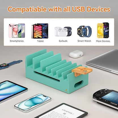 Pezin & Hulin Bamboo Charging Station with Watch Stand, Docking Holder for Multi Device with 5 Port USB Charger HUB, 5 Charge Cables, Desktop Electronic Organizer for Cellphone, Tablet, Watch-Teal
