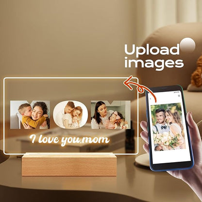 Custom Mom Picture Frame with Photo, Custom Photo Frame with Night Light, Customized Picture Frames, Personalized Valentines Day Gifts for Mom from Daughter & Son