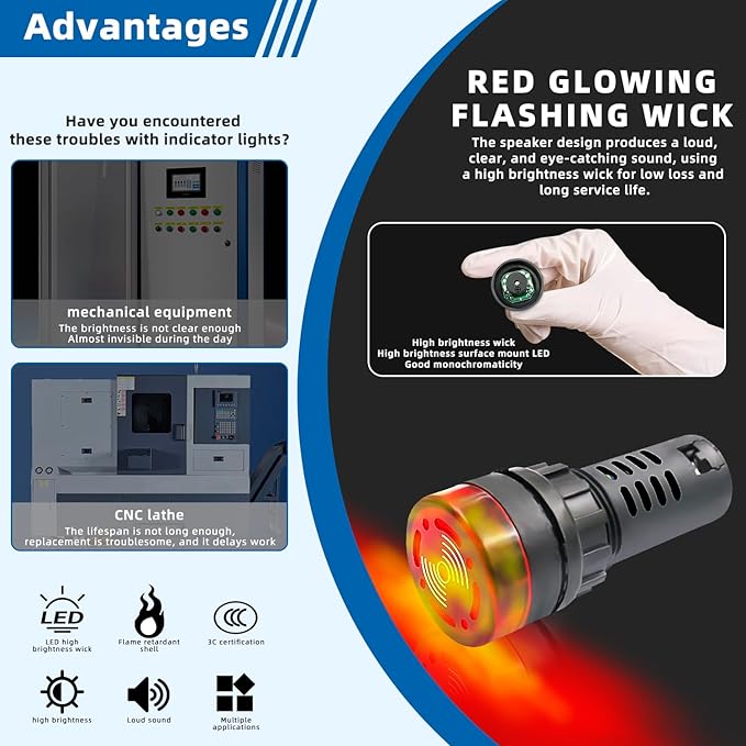 Indicator Light 12V Buzzer，10PCS 22mm Red LDE Flashing Buzzer AC/DC 12V Alarm for Electrical Control Panel