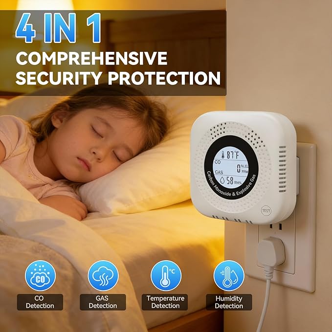 4-in-1 Natural Gas Detector and Carbon Monoxide Detectors(Plug in Used for one Carbon Methane Propane Alarms with Temperature and Humidity Monitors, Suitable for Kitchens, RVs, garages, Hotels White