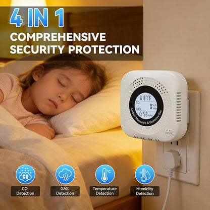 4-in-1 Natural Gas Detector and Carbon Monoxide Detectors(Plug in Used for one Carbon Methane Propane Alarms with Temperature and Humidity Monitors, Suitable for Kitchens, RVs, garages, Hotels White