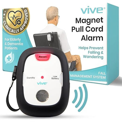 Vive Magnet Pull Cord Chair Alarm for Elderly Adults - Bed Alarm - Fall Prevention for Elderly Dementia Patients - String Exit Alert Detection for Caregivers Monitoring Seniors - Batteries Included