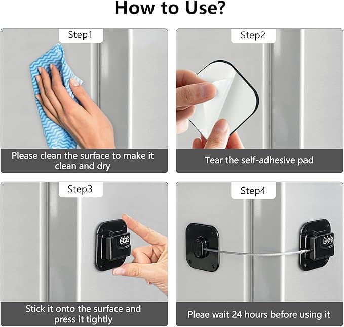 Refrigerator Lock, Heavy Duty Fridge Lock, Combination Lock for Refrigerator Cabinets, Drawers, Safety Lock, Easy Install No Keys Needed (Black-3Pack)