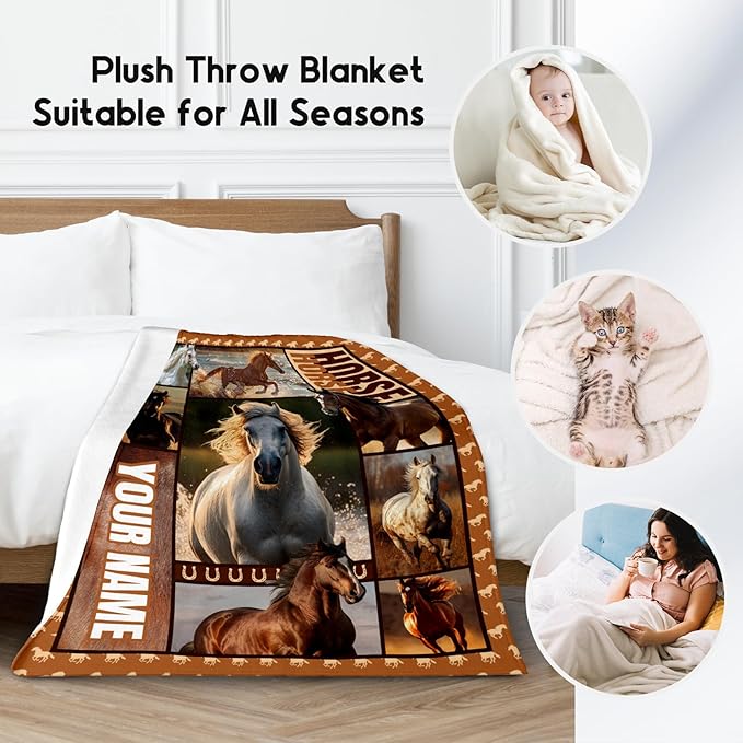 Custom Girls Blanket, Personalized Horse Gifts for Girl Ages 8-12 10-12, 50"x60" Kids Throw Blankets for Adults Women, Cowgirl Room Decor Western Throws for Animal Lovers