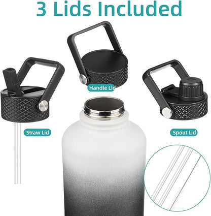 Half Gallon Insulated Water Bottle with Straw,64 oz 3 Lids Water Jug with Carrying Bag,Paracord Handle,Double Wall Vacuum Stainless Steel Metal Flask,Day Night
