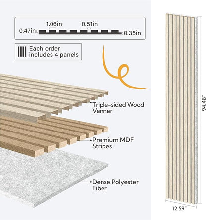 Olanglab Wood Slat Wall Panels 4 Pack, Wooden Acoustic Wall Panels, 94.5"x12.6" Each 3D Wall Panels for Interior Wall Decor (Light Oak-Grey Felt-Extendo Trio)
