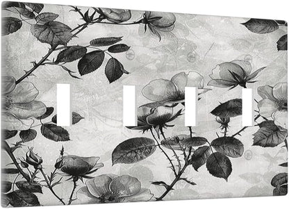 Light Switch Covers Black Breezy Watercolor Garden Floral Quad Toggle Electrical Faceplate 4 Gang Wall Plate Decorative Switch Plates for Bedroom Home Decor