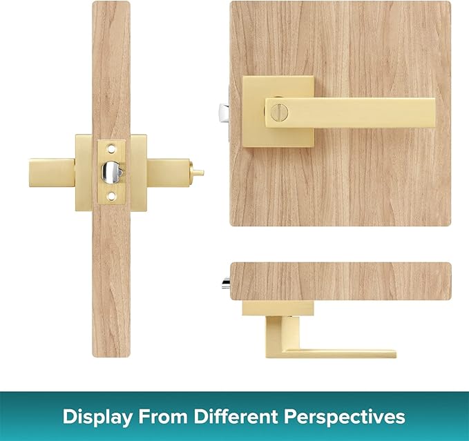 3 Pack Privacy Gold Door Knob Keyless Square Heavy Door Levers, Bed/Bathroom Door Handle Exterior Doorknob with Button for Bedroom or Bathroom
