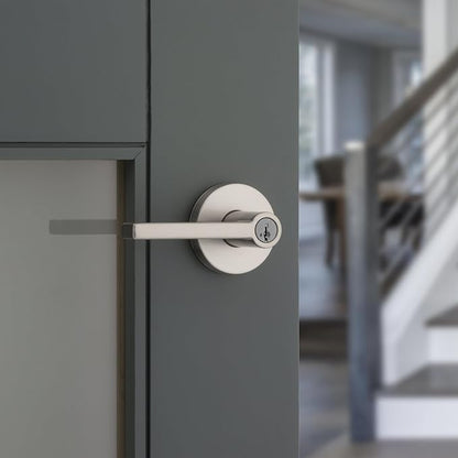 Kwikset Halifax Entry Door Handle with Lock and Key, Secure Keyed Reversible Lever Exterior, For Front Entrance and Bedrooms, Satin Nickel, 10 Pack, Pick Resistant SmartKey Rekey Security and Microban