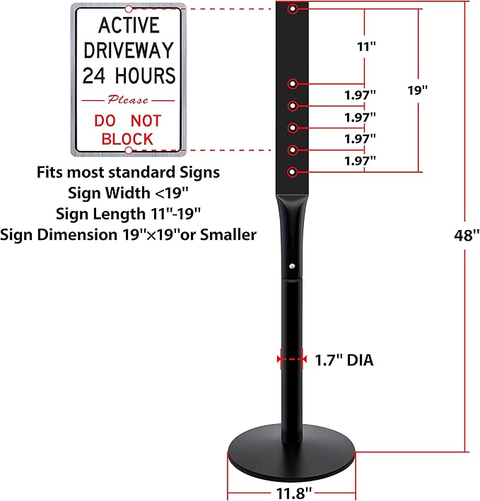 Heavy Duty Parking Sign Base Cast Iron 48" Parking Sign Post, Heavy Duty Cast Iron Sign Holder Base, Movable Sign Stand Suitable for Hanging Warning, Notice, Guiding Sign Display Stand (Black)