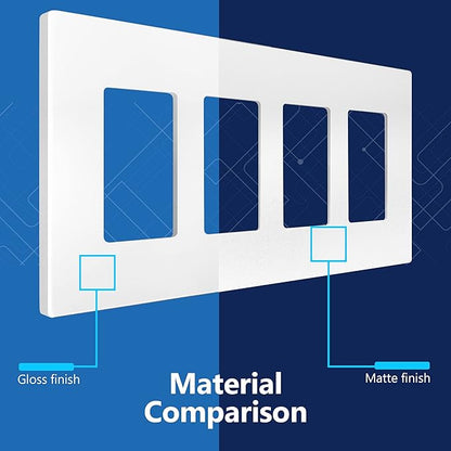 LIDER Matte Finish Quadruple Decorator Switch Cover, Screwless Wall Plate, Mid-Size 4-Gang 4.88" x 8.58", Polycarbonate Thermoplastic, UL Listed, LSWP-34M-W2P, White, 2 Pack