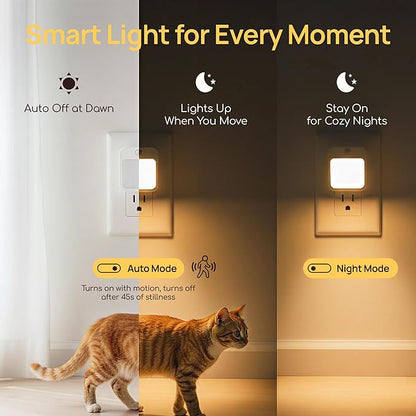 Plug-in Night Light with Motion Sensor, Dusk-to-Dawn Light Sensor, Stepless Dimming LED Night Lights for Bedroom, Hallway, Bathroom, Kids Room, Energy Efficient, 4-Pack