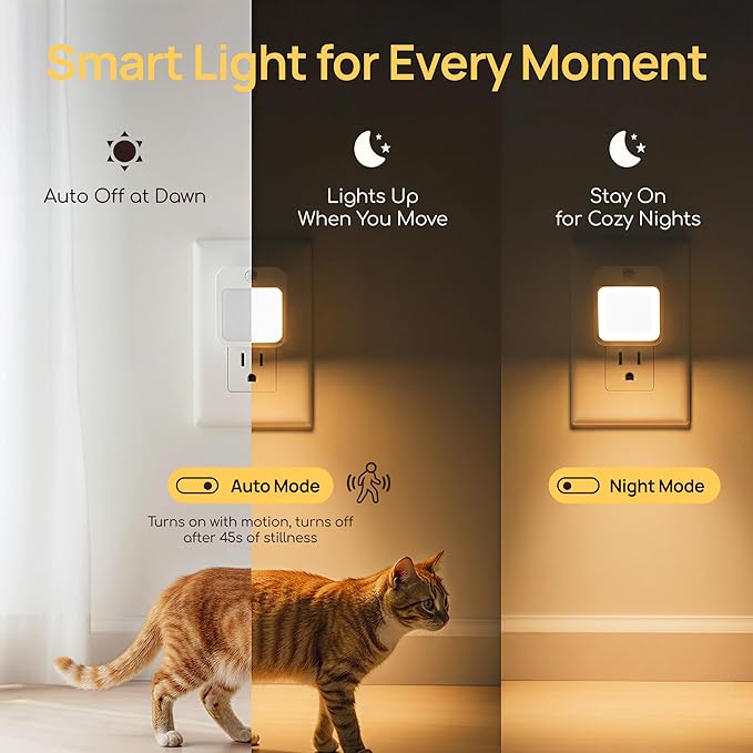 Plug-in Night Light with Motion Sensor, Dusk-to-Dawn Light Sensor, Stepless Dimming LED Night Lights for Bedroom, Hallway, Bathroom, Kids Room, Energy Efficient, 2-Pack
