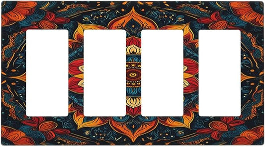 Boho Colorful Mandala 4 Gang Wall Plates Outlet Covers Quad Rocker Light Switch Cover Plate Decorative Switch Plates GFCI Electrical Faceplate for Bathroom Bedroom Decor 4.5 X 8 IN