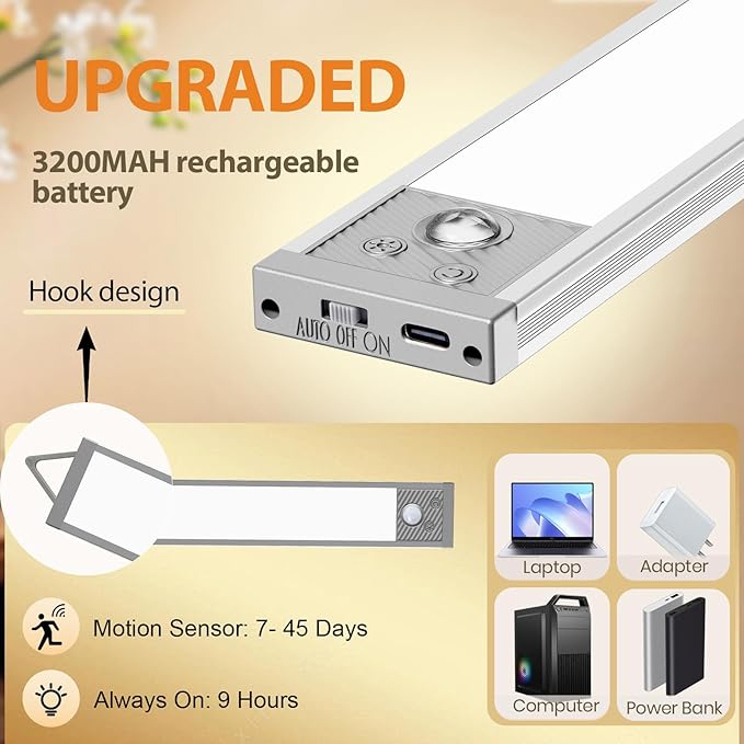 Under Cabinet Lighting 13.5Inch, 3200mAh Under Cabinet Lights Motion Sensor 3 Color, Rechargeable 118LED Magnetic Light Bar Indoor,Wireless Battery Operated Closet Lights for Kitchen Home Stairs,2Pack