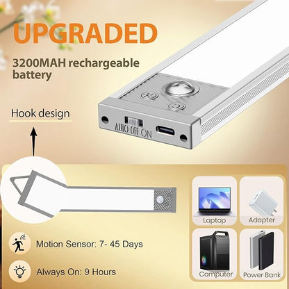 Under Cabinet Lighting 13.5Inch, 3200mAh Under Cabinet Lights Motion Sensor 3 Color, Rechargeable 118LED Magnetic Light Bar Indoor,Wireless Battery Operated Closet Lights for Kitchen Home Stairs,2Pack