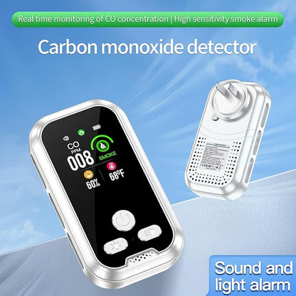 4in1 Plug in Smoke & Carbon Monoxide Detector Combination Builti-in 2000mAh Backup Battery HD Screen [Smoke CO Temp Humidity Sensor] for Home Hotel Travel (1 Pack, White)