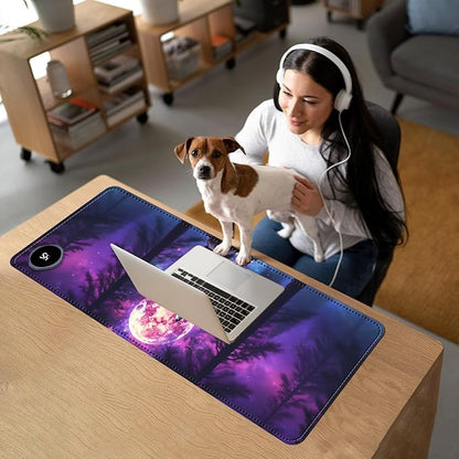 Heated Mouse Pad with 3 Temperature Settings(104°F–122°F),Large 31.5x13 Inch PU Leather Heated Desk Mat,Waterproof Warming Pad for Office,Gaming & Cold Hands Relief,Moon Wolf Howling