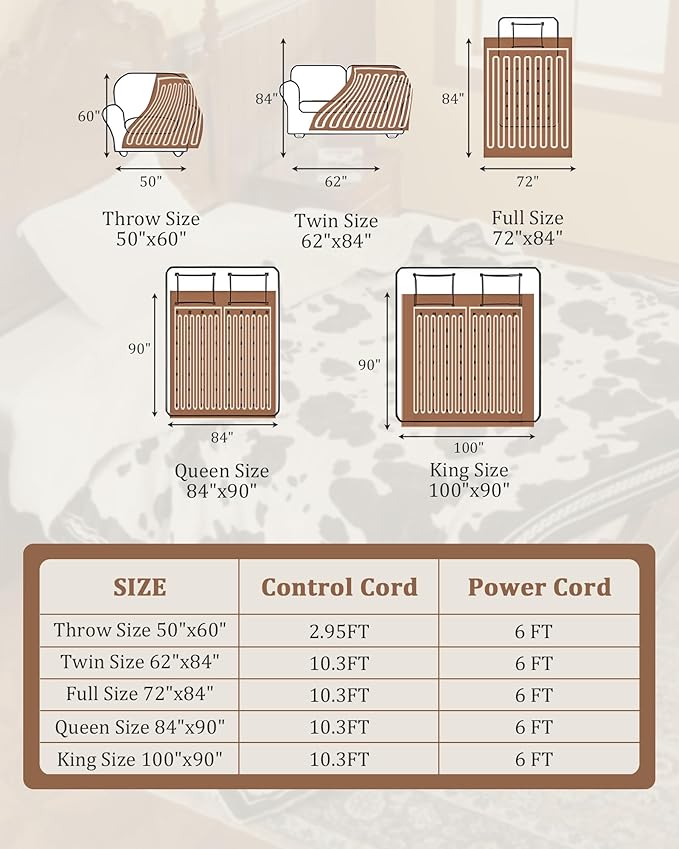CAROMIO Heated Electric Blanket Full Size, Cow Print Fast Heating Blankets with LCD Controller, 10 Heat Levels & 1-12H Time Settings, ETL Certified, Machine Washable, Brown Black, 72" x 84"