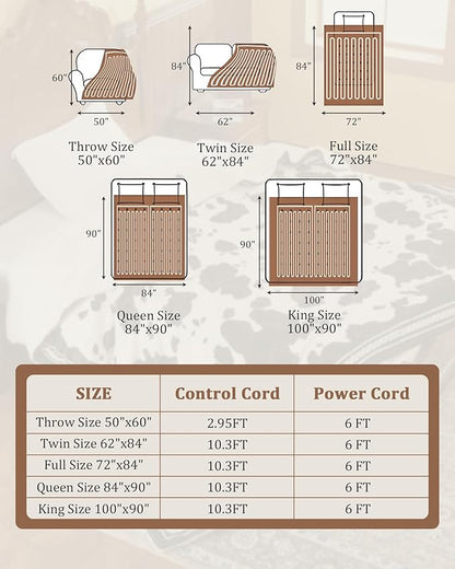 CAROMIO Heated Electric Blanket King Size with LCD Dual Controller, Cow Print Heating Blankets, 10 Heat Levels & 1-12H Time Settings, ETL Certified, Machine Washable, Brown Black, 100" x 90"