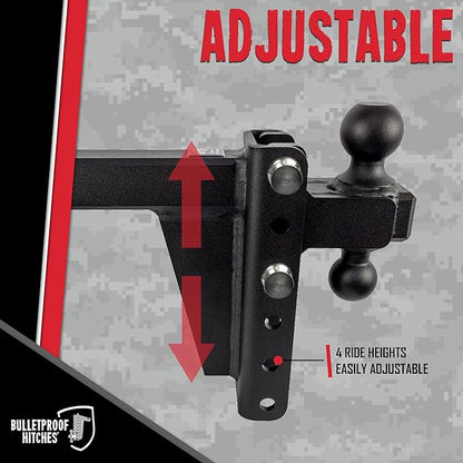 BulletProof Hitches - 2.0" Adjustable Heavy Duty Trailer Hitch (22,000 lb. Rating) - 6" Drop/Rise Trailer Hitch with 2" & 2-5/16" Dual Ball - Powder Coat, Solid Steel, Corrosion-Resistant