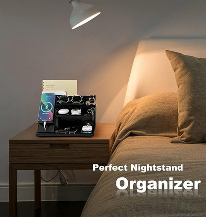 KOCWELL Wood Phone Docking Station, Gifts for Men, Nightstand Organizer Wood for Phone Tablet Earphones Watch Wallet Rings Pens Keys Notebook etc, Birthday Gifts for Men Husband Dad Boyfriend