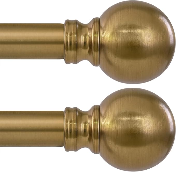2 Pack Warm Gold Curtain Rods for Windows 28 to 48 Inch 1" Diameter Adjustable Heavy Duty Brass Window Curtain Rod with Metal Finials for Living Room Bedroom Farmhouse Kitchen Outdoor