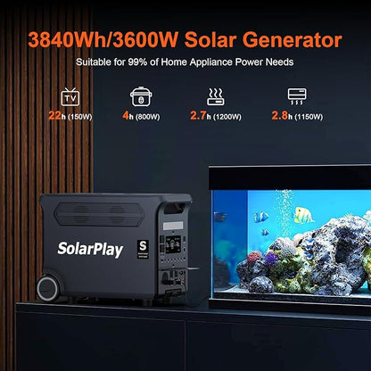 SolarPlay Q3600 Portable Power Station, 3600W AC Output(Surge 5500W) 3840Wh LiFePO4 Battery Solar Powered Generator, Essential Home Backup for Home Use, Power Outages, RV, Camping, Outdoor Adventures