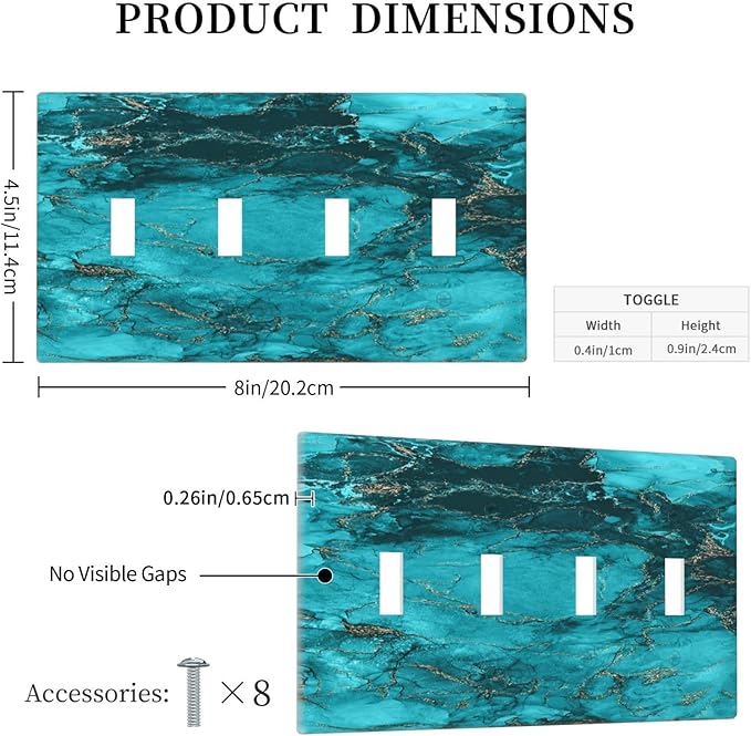 Decorative Light Switch Plate Covers Modern Abstract Turquoise Blue Marble Texture 4 Gang Artistic Wall Plate Unique Quad Toggle Light Switch Covers for Bathroom Home Decor