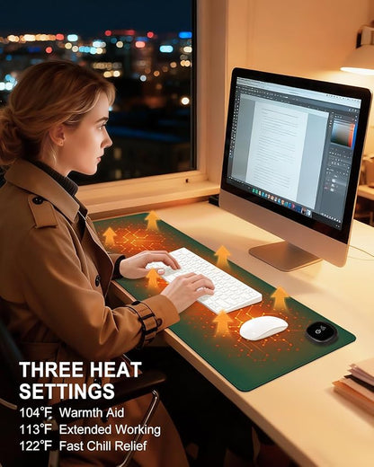 Heated Desk Pad, 31.5" x 13" Leather Non-Slip Warm Desk Pad, Large Mouse Mat with 3 Levels Heating & 3 Hours Auto Shut-Off, Hand and Foot Warmer for Office, Home, Green