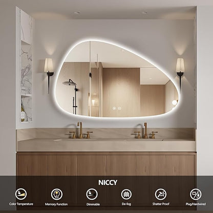 Niccy Irregular LED Bathroom Mirror, 30"x48" Asymmetrical Backlit Vanity Wall Mirrors, Frameless Lighted Mirrors for Bedroom, Living Room, Modern Smart-Mirror with Anti-Fog, Dimmable, Memory Function