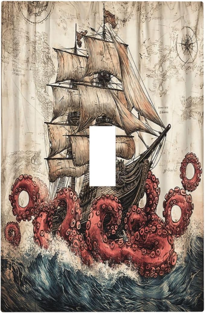 Decorative Light Switch Cover Vintage Octopus Ocean Sailboat Bizarre Adventure 1 Gang Single Toggle Decorator Outlet Wall Plate Device Electrical Faceplate Switchplates for Bathroom Kids room Decor