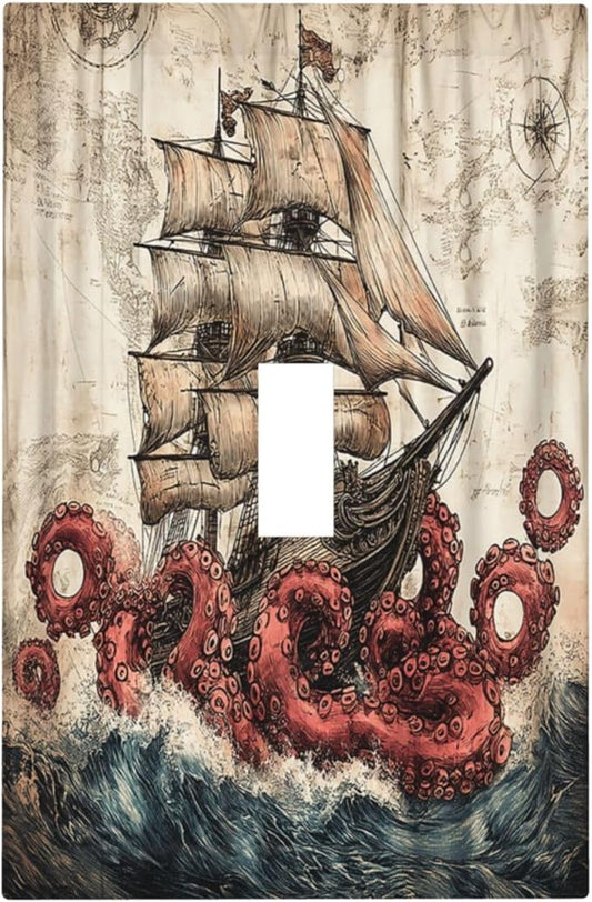 Decorative Light Switch Cover Vintage Octopus Ocean Sailboat Bizarre Adventure 1 Gang Single Toggle Decorator Outlet Wall Plate Device Electrical Faceplate Switchplates for Bathroom Kids room Decor