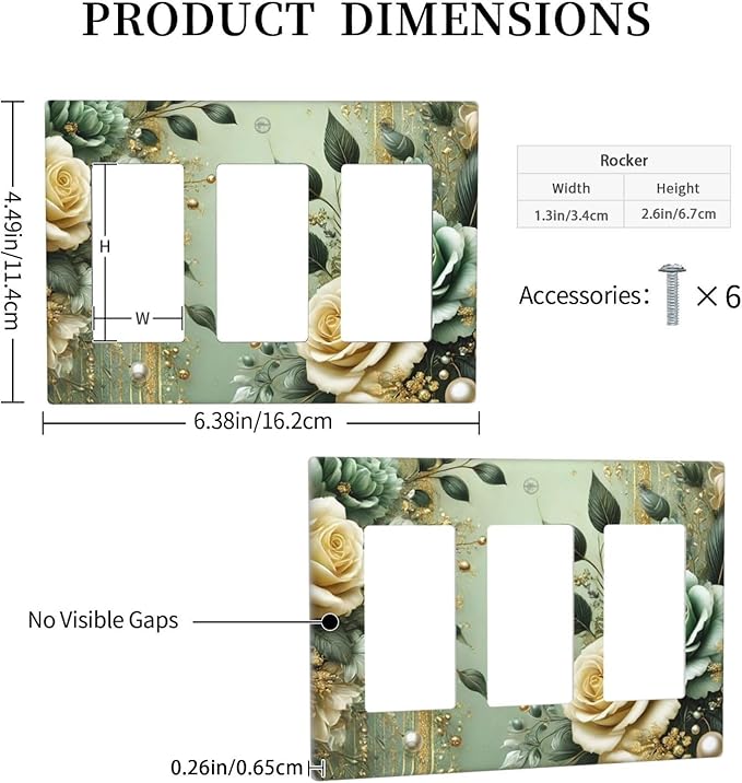 Decorative Outlet Covers Rustic Green Floral Leaves Teal Flowers Gold Stripe 3 Gang Wall Plate Triple Rocker Light Switch Cover Plate Jumbo Electrical GFCI Faceplate