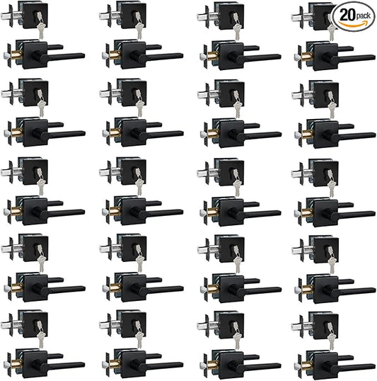 20 Sets Passage Door Lever and Single Cylinder Deadbolt Lock Set, Heavy Duty Square Handle for Entrance and Front Door, Matte Black, Different Keys