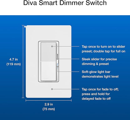Lutron Diva Smart Dimmer Switch Kit for Caseta Lighting w/ Hub, Pico Remote & Pedestal, Smart Dimmer Works with Apple Home, Ring, Google Home, 3 Way, DVRF-BDG-1DP-A