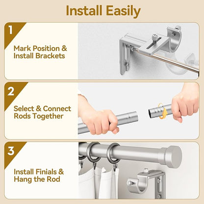 Curtain Rod 2 Pack 32-118 Inch, Heavy Duty 1 Inch Curtain Rod, Sliver Long Adjustable Window Treatment Rods,Modern Design, Easy Installation