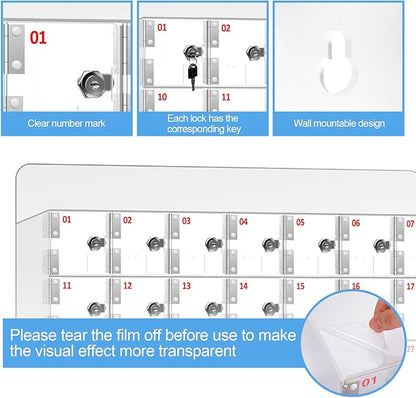 Cell Phone Locker 100 Slots Acrylic Cell Phone Lock Box with Door Locks and Keys, Wall-Mounted Cell Phone Storage Cabinet for Office Classroom Gym Firms, Clear Lockers for Storage (Large 100 Slots)