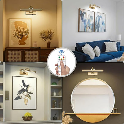 Rechargeable Picture Light with Remote Control,12 Inch Brass Finish Adjustable Wireless Art Lighting Fixture,Painting Lights with Timer,3 Color Temperature and Dimmable